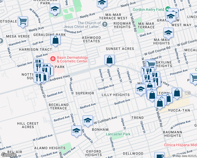 map of restaurants, bars, coffee shops, grocery stores, and more near 3609 Monclave Drive in Midland