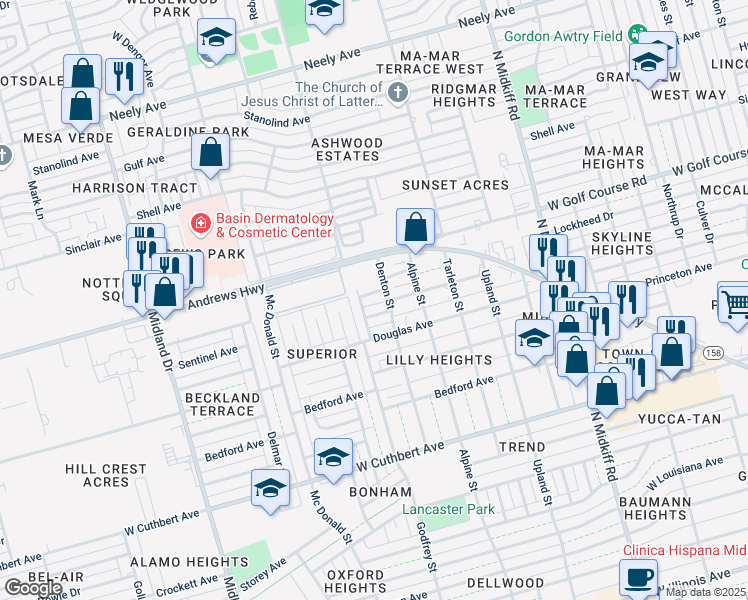 map of restaurants, bars, coffee shops, grocery stores, and more near 3609 Monclave Drive in Midland