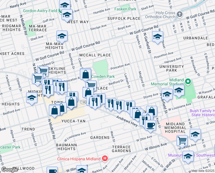 map of restaurants, bars, coffee shops, grocery stores, and more near 2605 Bedford Drive in Midland