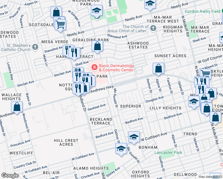 map of restaurants, bars, coffee shops, grocery stores, and more near 3701 Andrews Highway in Midland