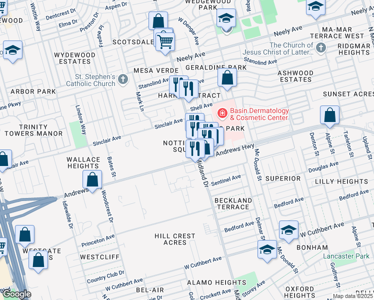 map of restaurants, bars, coffee shops, grocery stores, and more near 4400 Andrews Highway in Midland