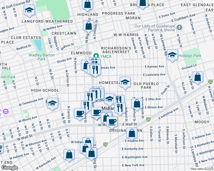 map of restaurants, bars, coffee shops, grocery stores, and more near 509 North Loraine Street in Midland