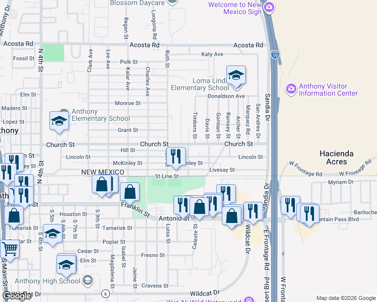map of restaurants, bars, coffee shops, grocery stores, and more near 342 Katherine Street in Anthony