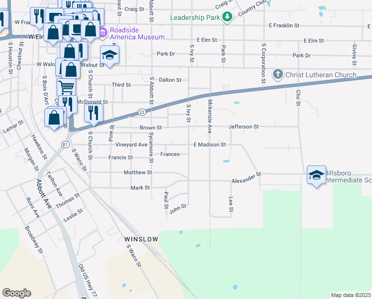 map of restaurants, bars, coffee shops, grocery stores, and more near 802 South Ivy Street in Hillsboro