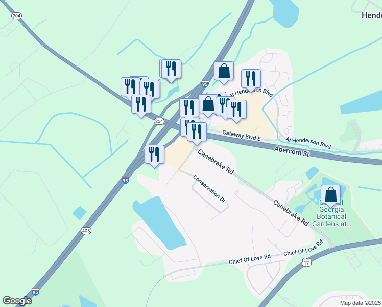 map of restaurants, bars, coffee shops, grocery stores, and more near Gateway Boulevard South in Savannah