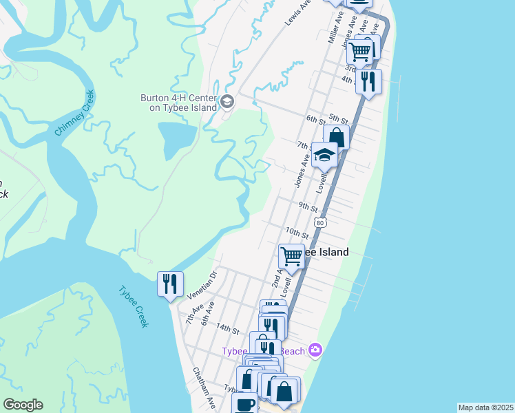 map of restaurants, bars, coffee shops, grocery stores, and more near 1001 5th Avenue in Tybee Island