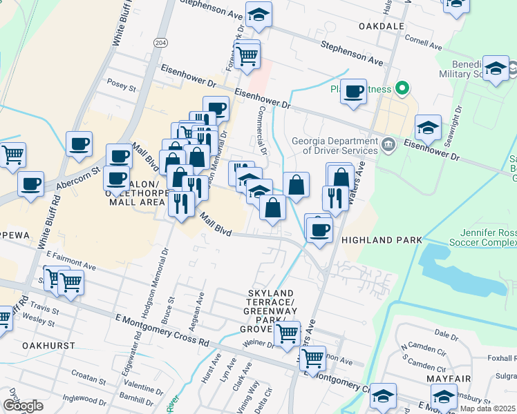 map of restaurants, bars, coffee shops, grocery stores, and more near 5 Oglethorpe Professional Boulevard in Savannah