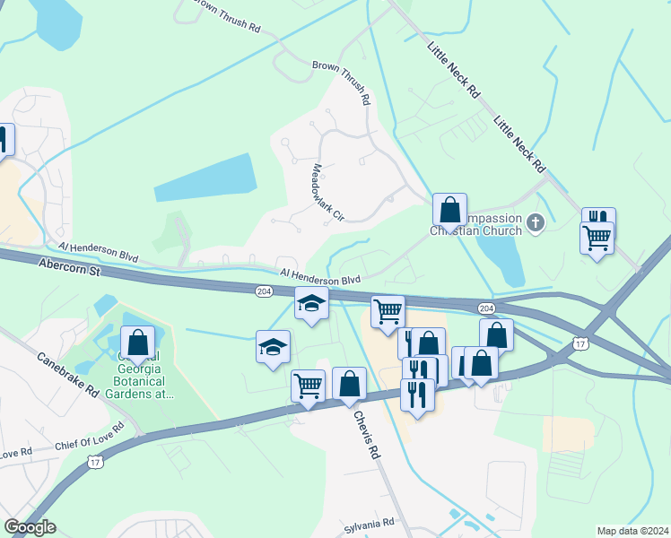 map of restaurants, bars, coffee shops, grocery stores, and more near 17 Putters Place in Savannah
