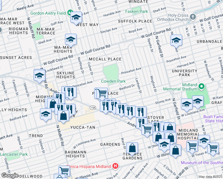 map of restaurants, bars, coffee shops, grocery stores, and more near 2605 Bedford Drive in Midland