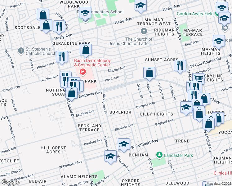 map of restaurants, bars, coffee shops, grocery stores, and more near 3601 Andrews Highway in Midland
