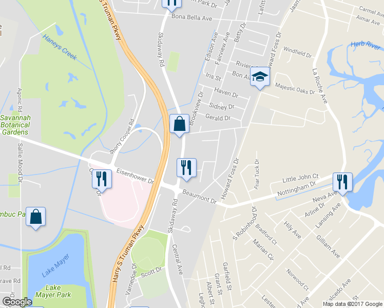 map of restaurants, bars, coffee shops, grocery stores, and more near 6810 Skidaway Road in Savannah