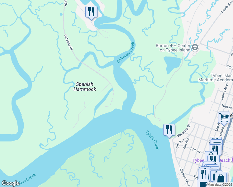 map of restaurants, bars, coffee shops, grocery stores, and more near 212 Catalina Drive in Tybee Island