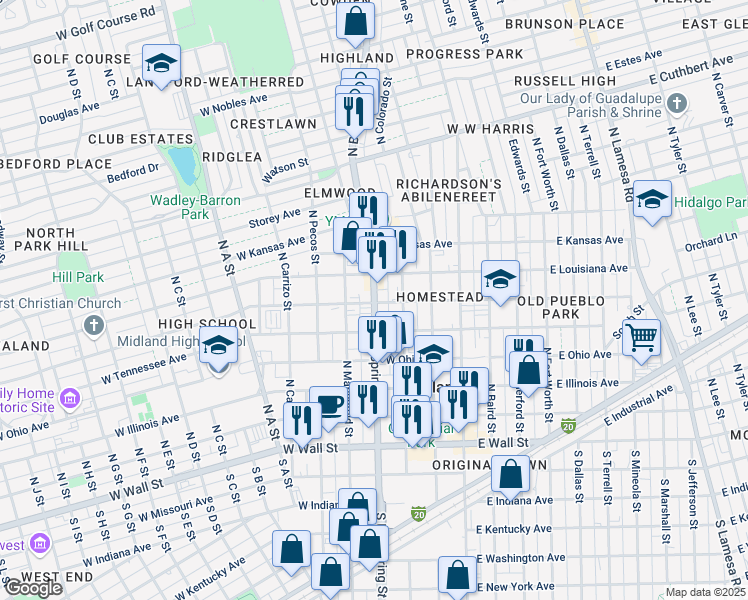 map of restaurants, bars, coffee shops, grocery stores, and more near 609 North Big Spring Street in Midland