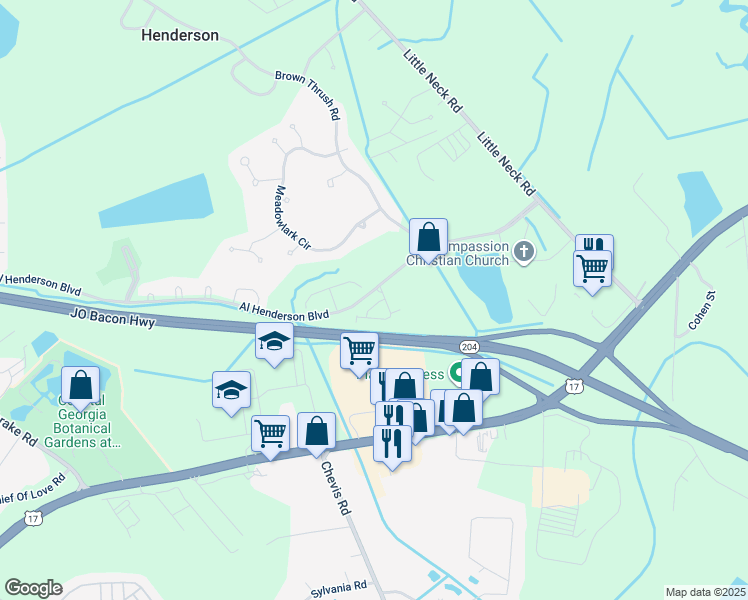 map of restaurants, bars, coffee shops, grocery stores, and more near 800 Kendal Court in Savannah