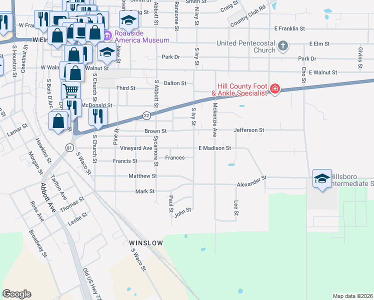 map of restaurants, bars, coffee shops, grocery stores, and more near 802 South Ivy Street in Hillsboro