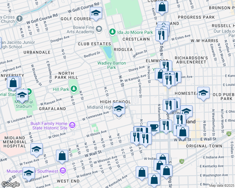 map of restaurants, bars, coffee shops, grocery stores, and more near 900 West Michigan Avenue in Midland