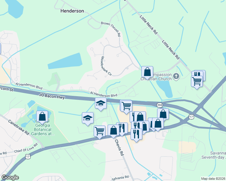map of restaurants, bars, coffee shops, grocery stores, and more near 1 Putters Place in Savannah