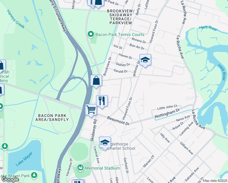 map of restaurants, bars, coffee shops, grocery stores, and more near 6911 Hialeah Circle in Savannah