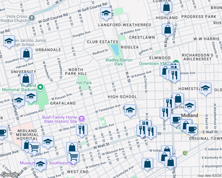 map of restaurants, bars, coffee shops, grocery stores, and more near 1003 West Louisiana Avenue in Midland