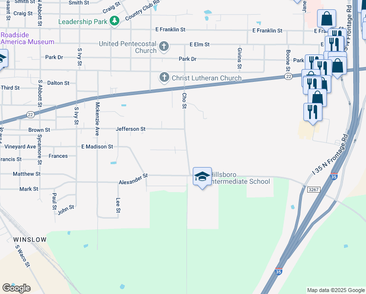 map of restaurants, bars, coffee shops, grocery stores, and more near 600 Cho Street in Hillsboro