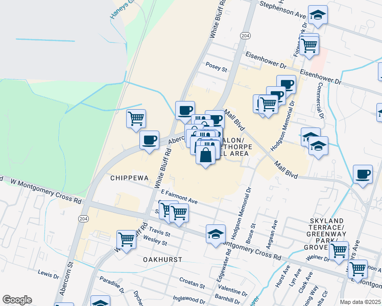 map of restaurants, bars, coffee shops, grocery stores, and more near 7810 Abercorn Street in Savannah