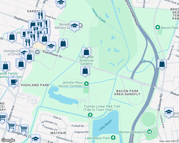 map of restaurants, bars, coffee shops, grocery stores, and more near 7200 Sallie Mood Drive in Savannah