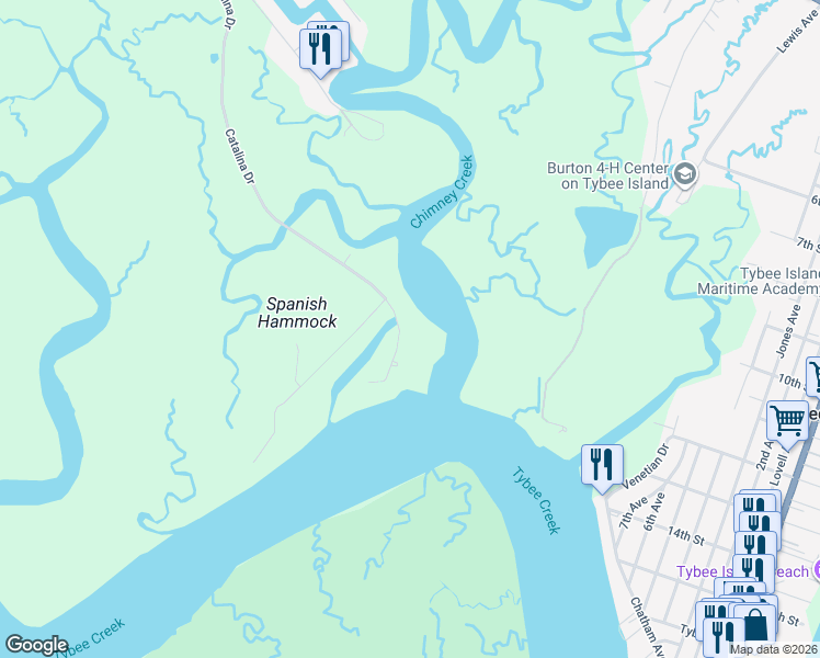 map of restaurants, bars, coffee shops, grocery stores, and more near 212 Catalina Drive in Tybee Island