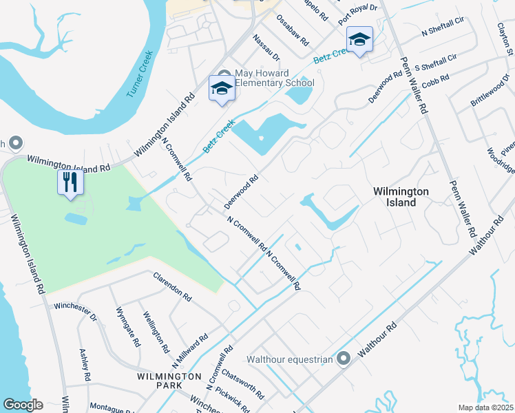 map of restaurants, bars, coffee shops, grocery stores, and more near 121 Wyckfield Road in Savannah