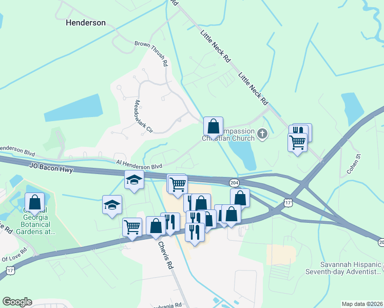 map of restaurants, bars, coffee shops, grocery stores, and more near 210 Kendal Court in Savannah