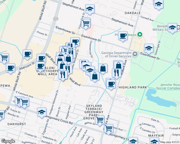 map of restaurants, bars, coffee shops, grocery stores, and more near 5 Oglethorpe Professional Boulevard in Savannah