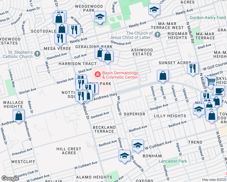map of restaurants, bars, coffee shops, grocery stores, and more near 3701 Andrews Highway in Midland