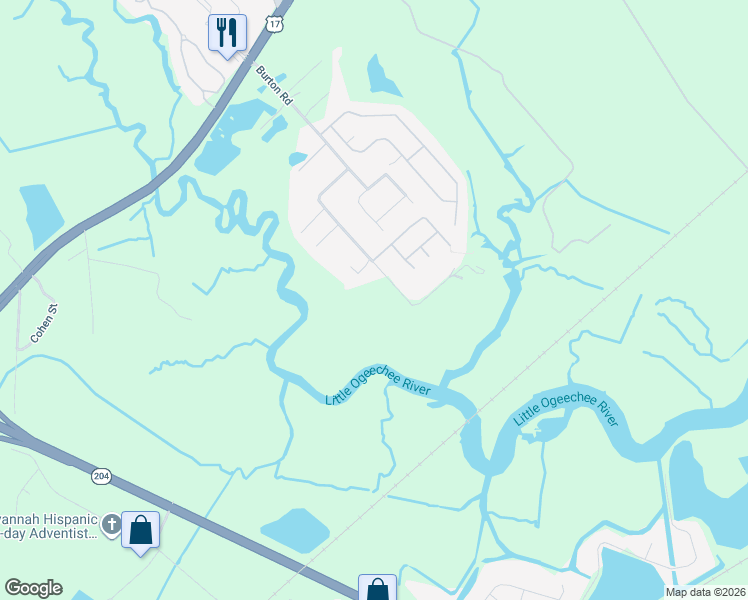 map of restaurants, bars, coffee shops, grocery stores, and more near 201 Burton Road in Savannah