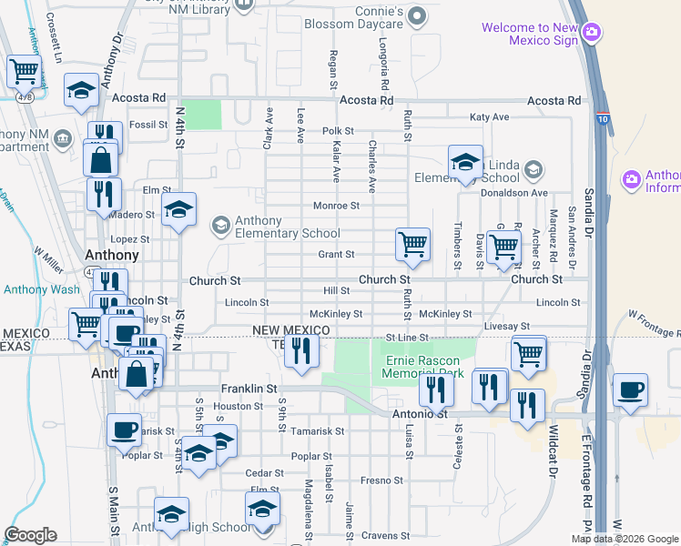 map of restaurants, bars, coffee shops, grocery stores, and more near 1000-1098 Grant Street in Anthony
