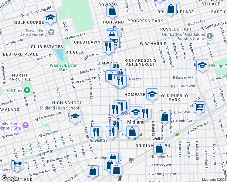map of restaurants, bars, coffee shops, grocery stores, and more near 700 North Marienfeld Street in Midland