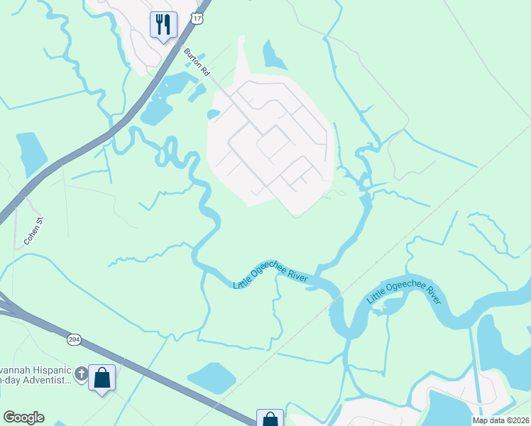 map of restaurants, bars, coffee shops, grocery stores, and more near 172 Burton Road in Savannah