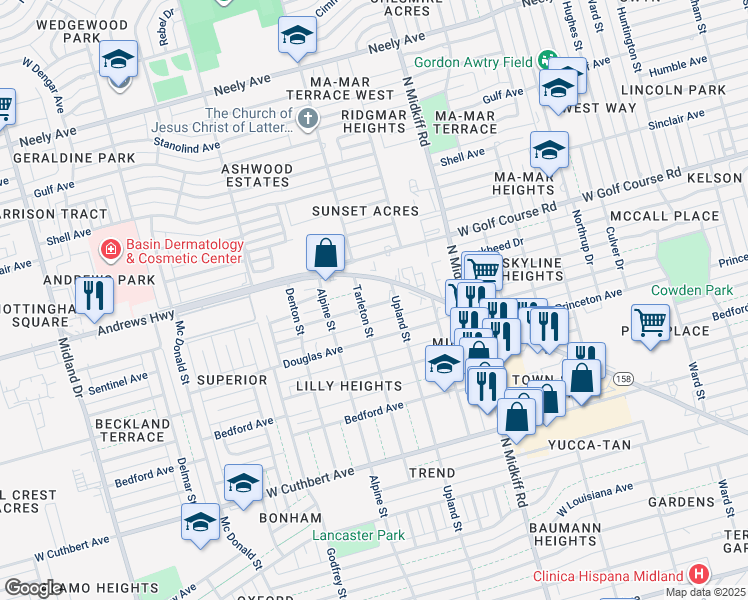 map of restaurants, bars, coffee shops, grocery stores, and more near 3401 Andrews Highway in Midland