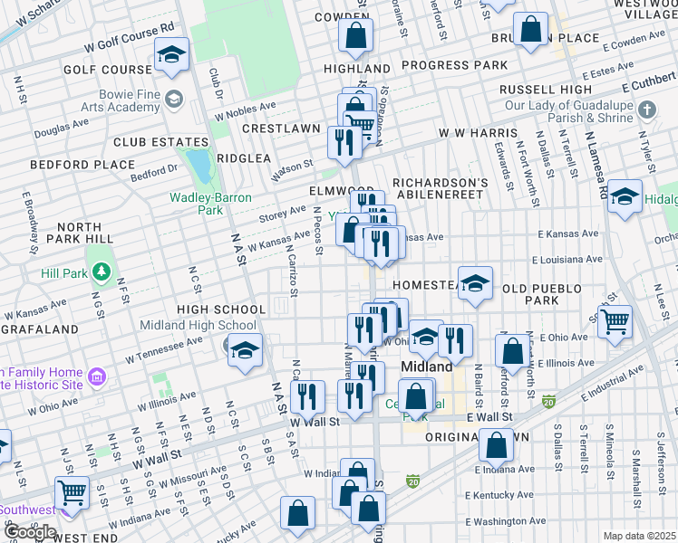 map of restaurants, bars, coffee shops, grocery stores, and more near 700 North Marienfeld Street in Midland