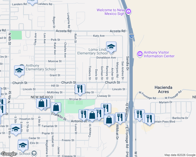 map of restaurants, bars, coffee shops, grocery stores, and more near 401-499 Davis Street in Anthony