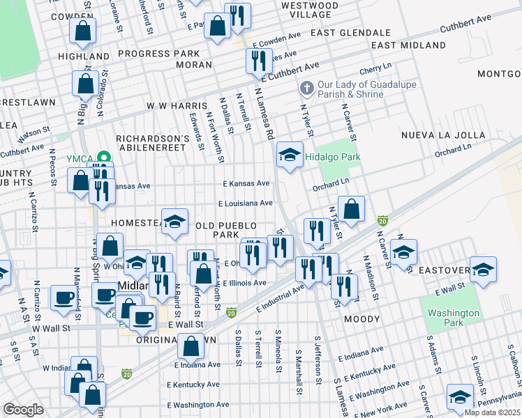 map of restaurants, bars, coffee shops, grocery stores, and more near 601-699 East Louisiana Avenue in Midland