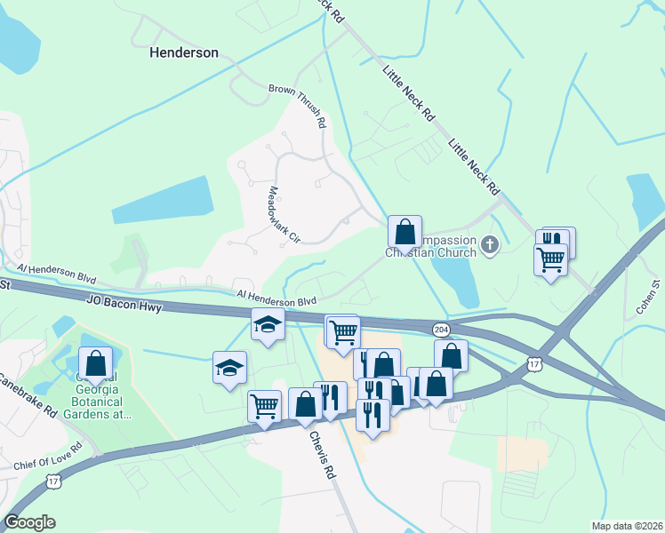 map of restaurants, bars, coffee shops, grocery stores, and more near 40 Putters Place in Savannah