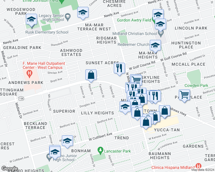 map of restaurants, bars, coffee shops, grocery stores, and more near 3401 Andrews Highway in Midland