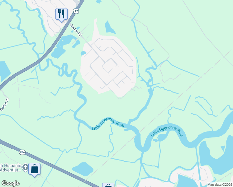 map of restaurants, bars, coffee shops, grocery stores, and more near 174 Burton Road in Savannah