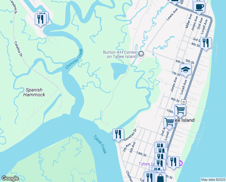 map of restaurants, bars, coffee shops, grocery stores, and more near 24 Horsepen Point Drive in Tybee Island