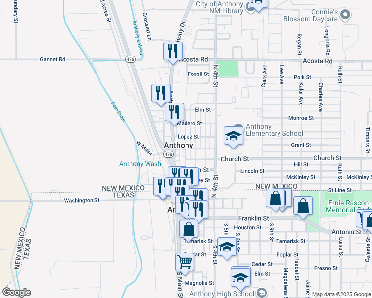 map of restaurants, bars, coffee shops, grocery stores, and more near 500 North 1st Street in Anthony