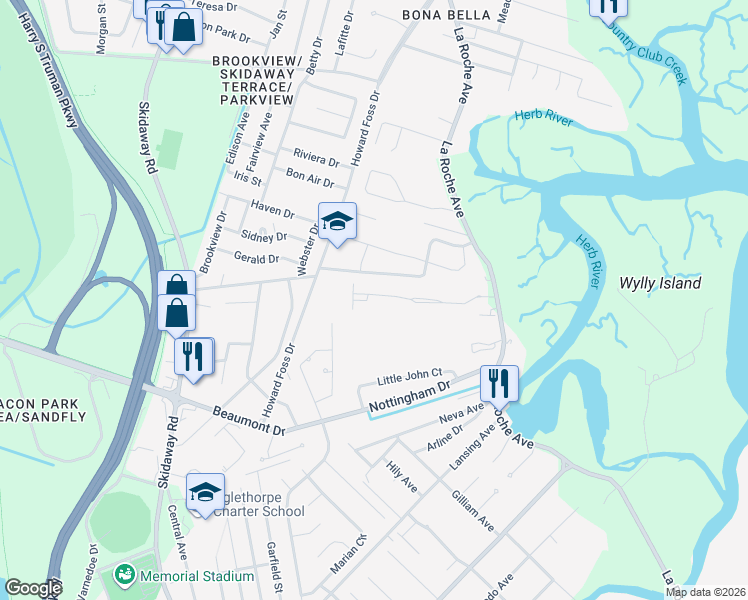 map of restaurants, bars, coffee shops, grocery stores, and more near 135 Caroline's Retreat in Savannah