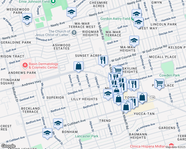 map of restaurants, bars, coffee shops, grocery stores, and more near 3401 Andrews Highway in Midland