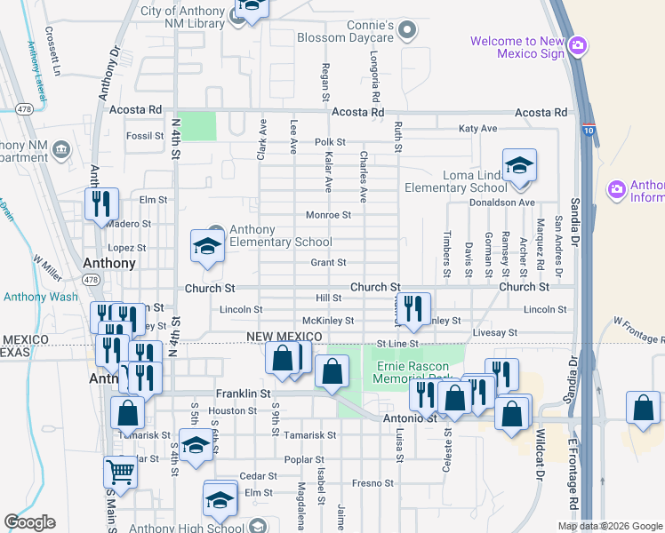 map of restaurants, bars, coffee shops, grocery stores, and more near 1000 Grant Street in Anthony