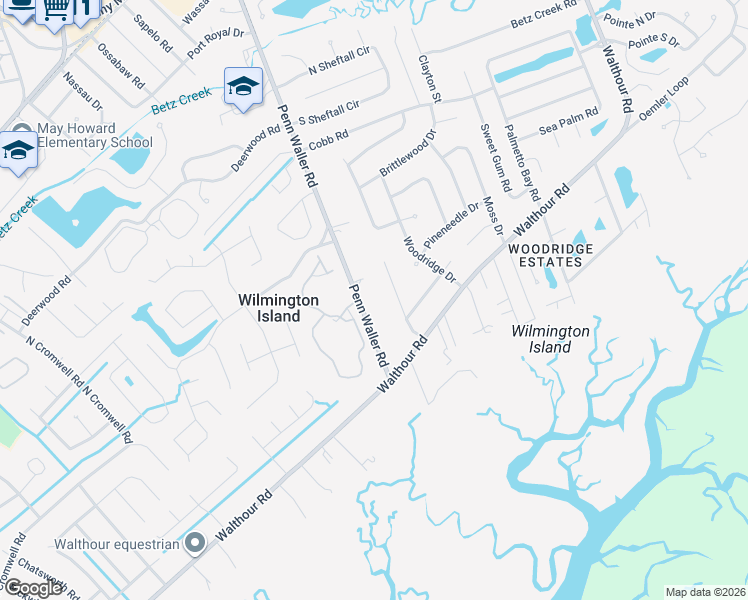 map of restaurants, bars, coffee shops, grocery stores, and more near 814 Penn Waller Road in Savannah