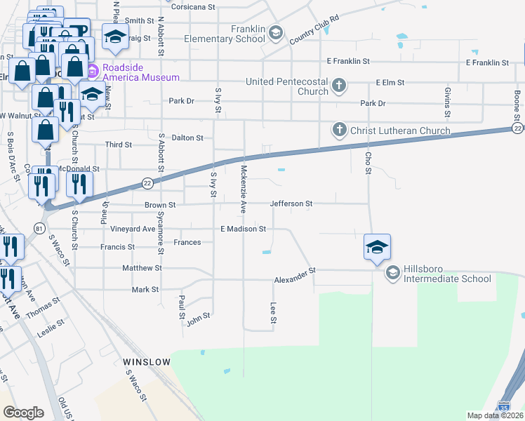map of restaurants, bars, coffee shops, grocery stores, and more near 604 Jefferson Street in Hillsboro