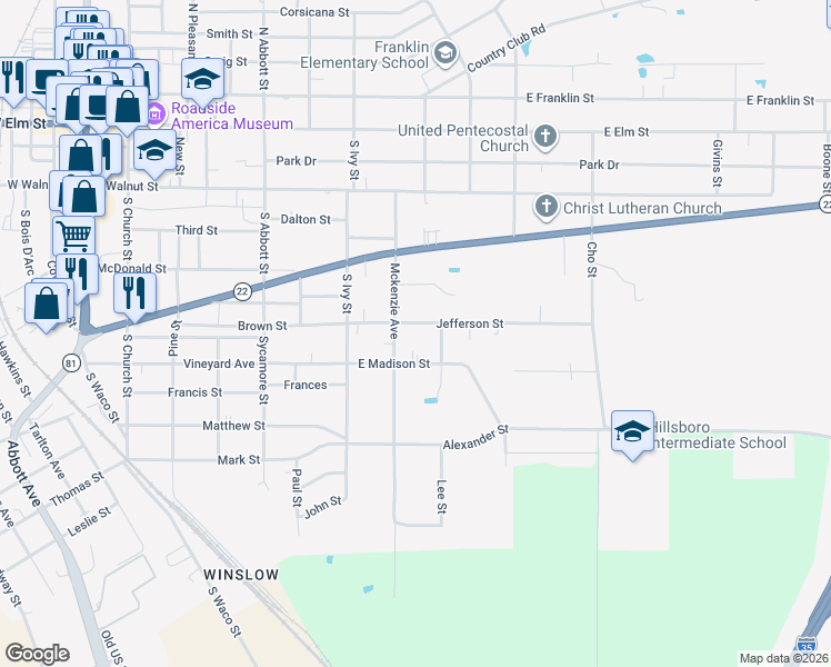 map of restaurants, bars, coffee shops, grocery stores, and more near 604 Jefferson Street in Hillsboro